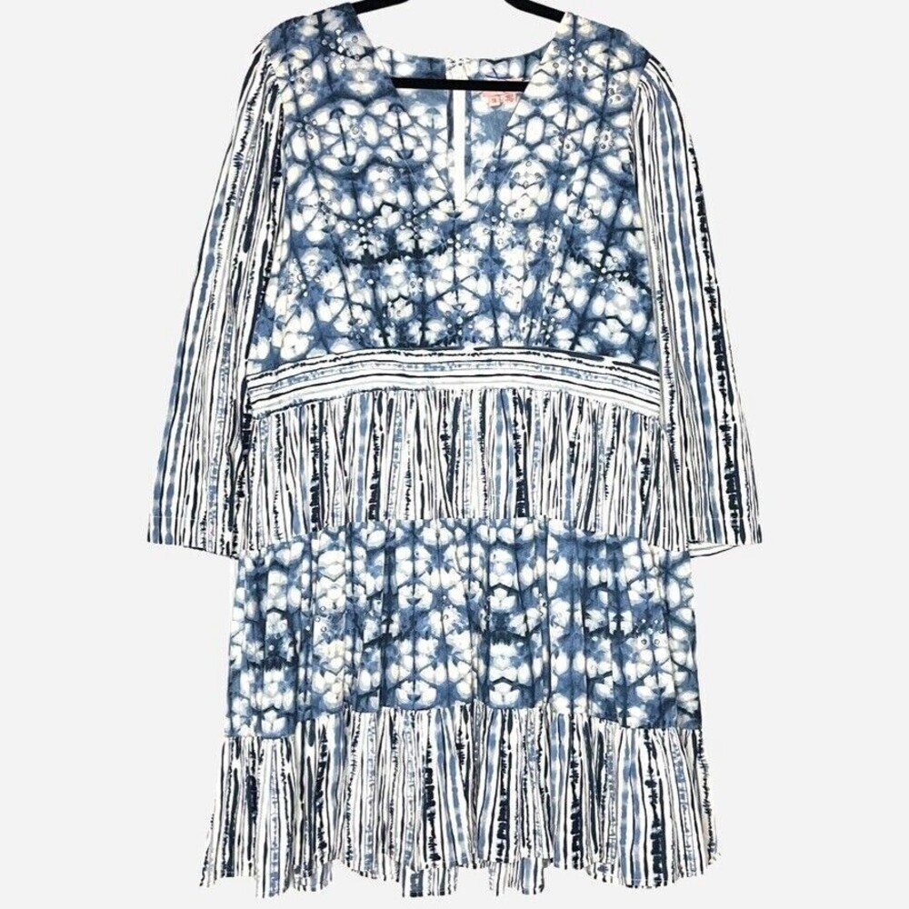 Not So Serious Womens Dress XL Blue Bahati Tie Dye Cotton V-Neck A-Line Anthro